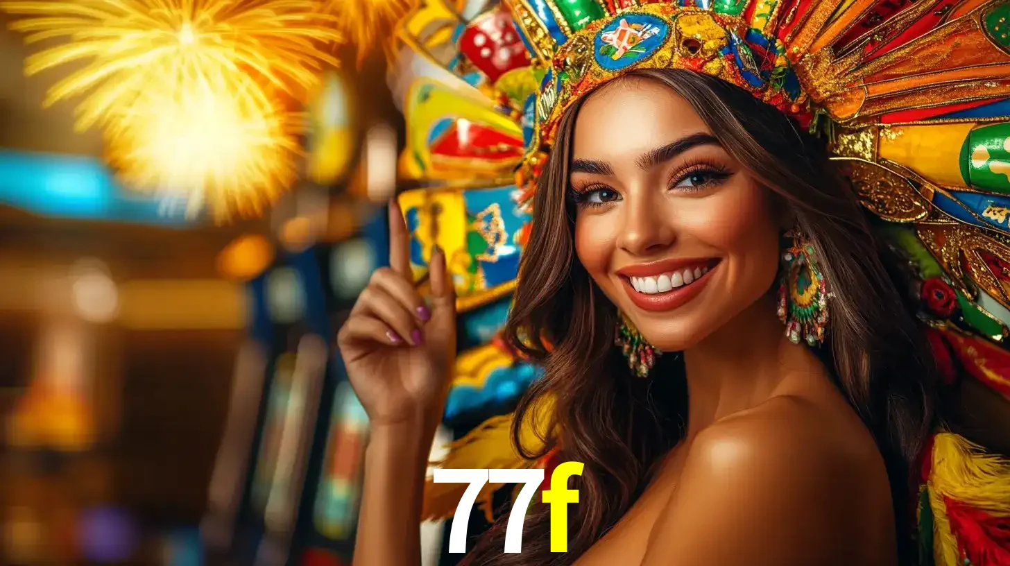 Mulher sorridente com um cocar de carnaval vibrante e colorido, celebrando uma grande vitória nos jogos do cassino 77f com fogos de artifício ao fundo.