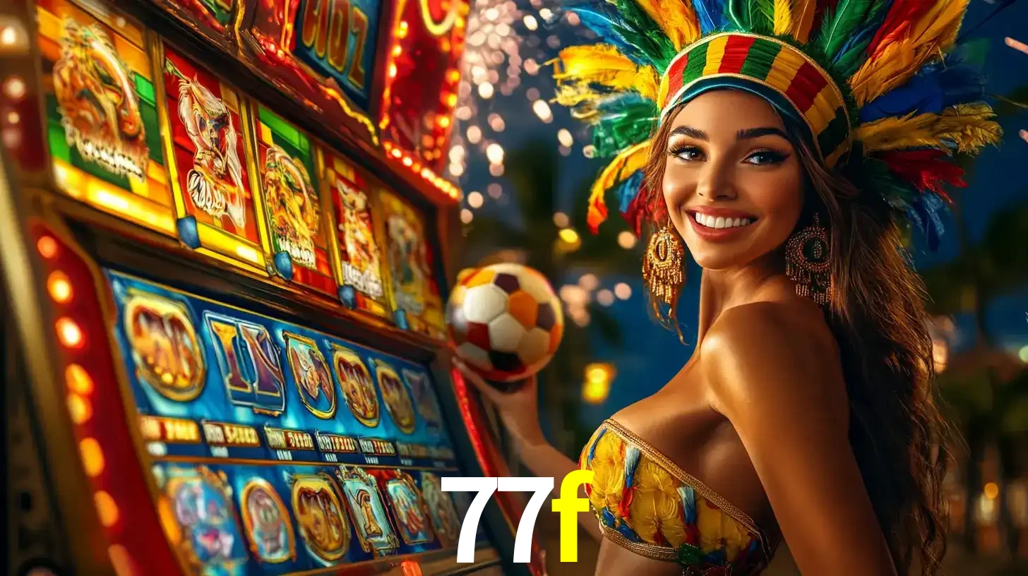 Mulher com um cocar de carnaval ao lado de uma máquina de caça-níqueis enquanto segura uma bola de futebol, mostrando a união da diversão de cassino e esportes no 77f.