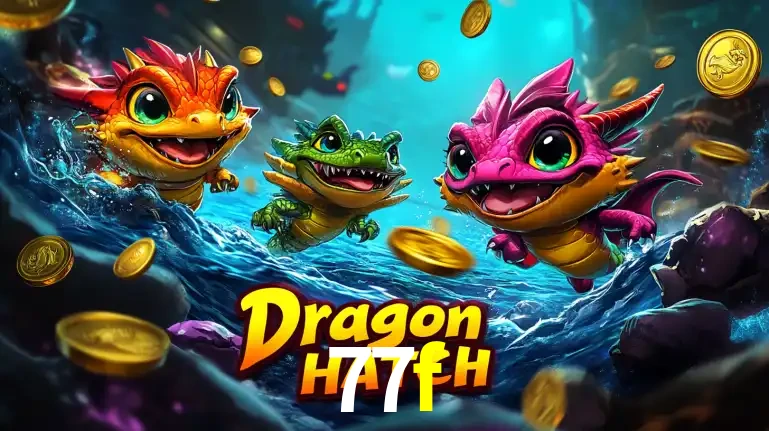 Arte promocional do jogo Dragon Hatch com três adoráveis dragões bebês nadando entre moedas de ouro, um dos slots mais divertidos para jogar no cassino 77f.
