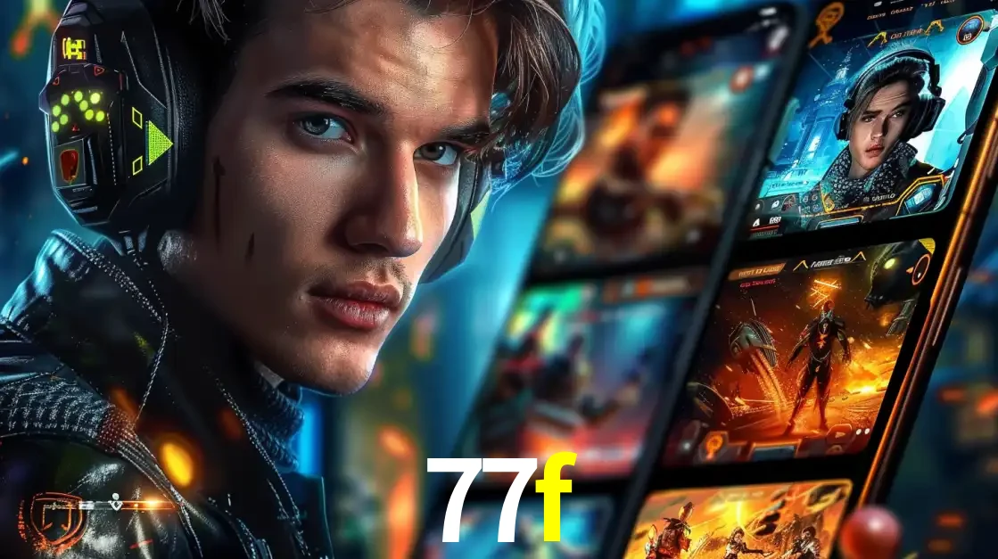 Jovem jogador com fones de ouvido olhando para a câmera, com um aplicativo de jogos e e-sports para celular ao fundo, pronto para a competição e apostas no 77f.