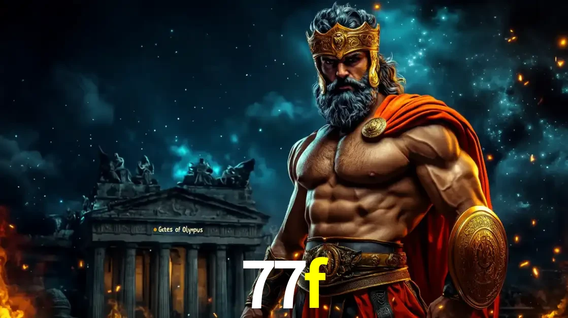 O poderoso Zeus do jogo de slot Gates of Olympus em frente ao seu templo, pronto para lançar multiplicadores divinos e prêmios épicos no cassino online 77f.