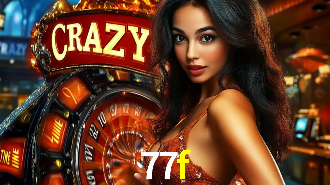 Mulher glamourosa olhando para a câmera com a roda vermelha do Crazy Time ao fundo em um ambiente de cassino, destacando a emoção dos jogos ao vivo no 77f.