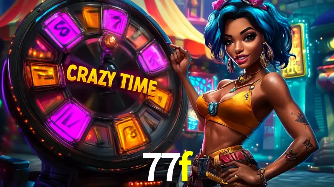 Mulher estilizada com cabelo azul e visual vibrante posando ao lado da roda de prêmios do game show Crazy Time, convidando para a diversão e os bônus do cassino 77f.