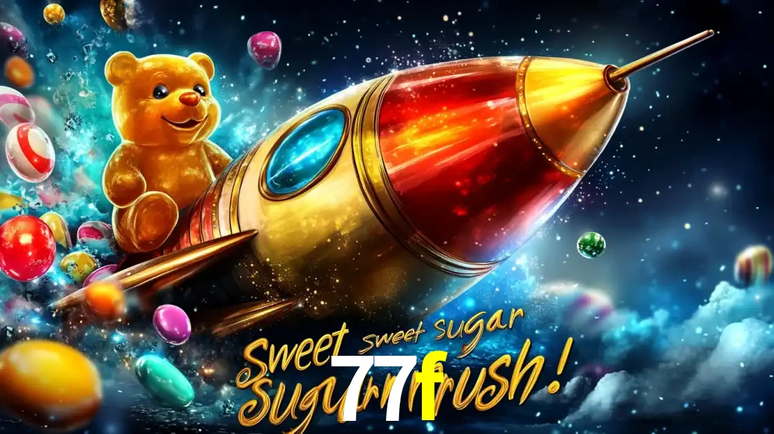 Arte promocional do jogo de slot Sugar Rush, com um urso de pelúcia em um foguete viajando pelo espaço de doces, um dos jogos divertidos disponíveis no cassino 77f.
