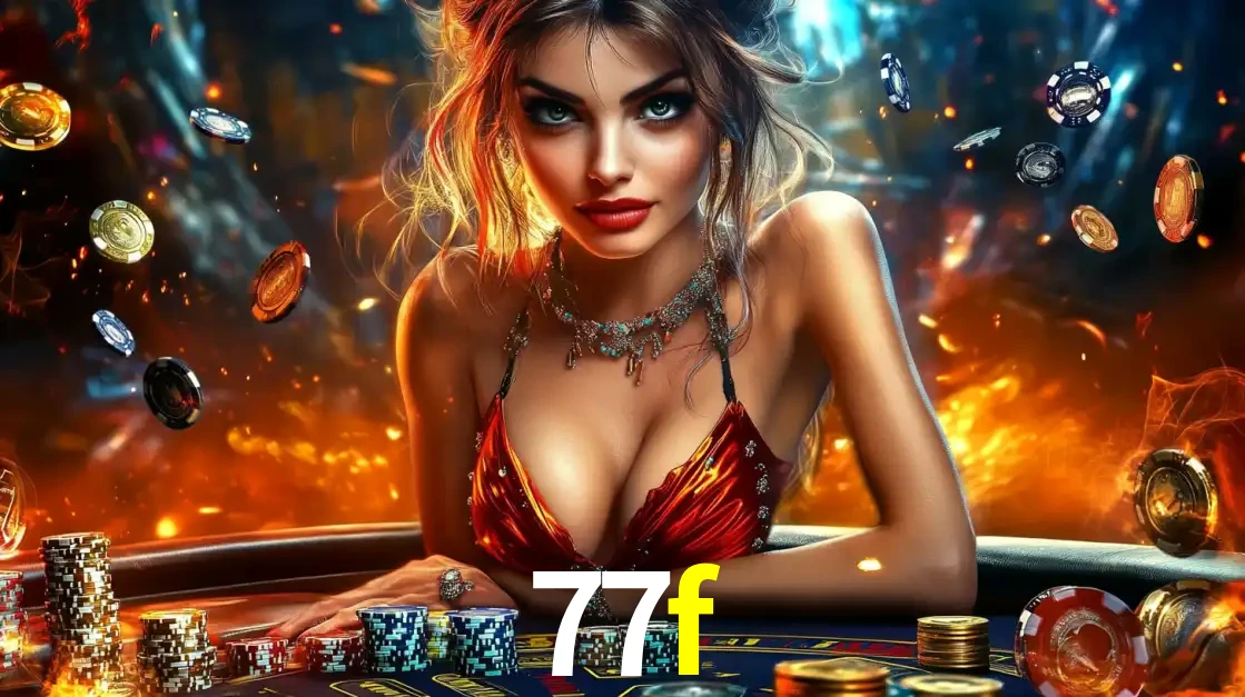 Mulher em uma mesa de cassino com pilhas de fichas e um fundo de fogo, pronta para uma rodada de altas apostas nos jogos de mesa emocionantes do cassino 77f.