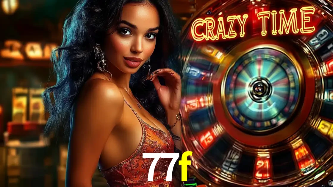 Mulher elegante ao lado da vibrante roda da fortuna do jogo de cassino ao vivo Crazy Time, um dos game shows mais populares e cheios de prêmios do 77f.