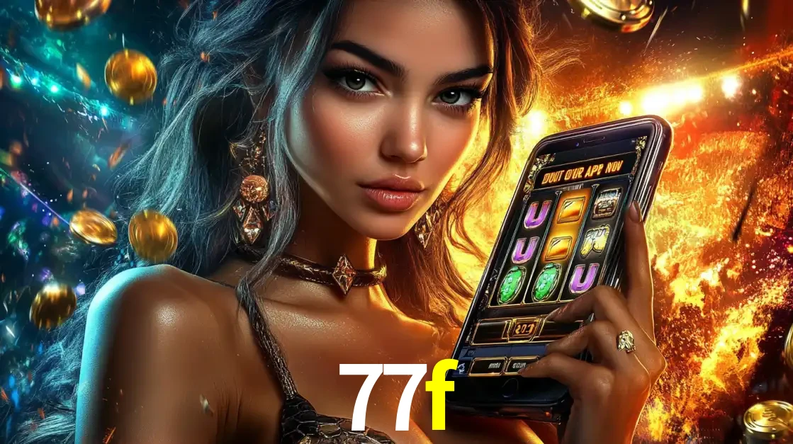 Mulher elegante mostrando um jogo de caça-níqueis em seu smartphone, destacando a experiência de cassino móvel oferecida pelo aplicativo 77f.