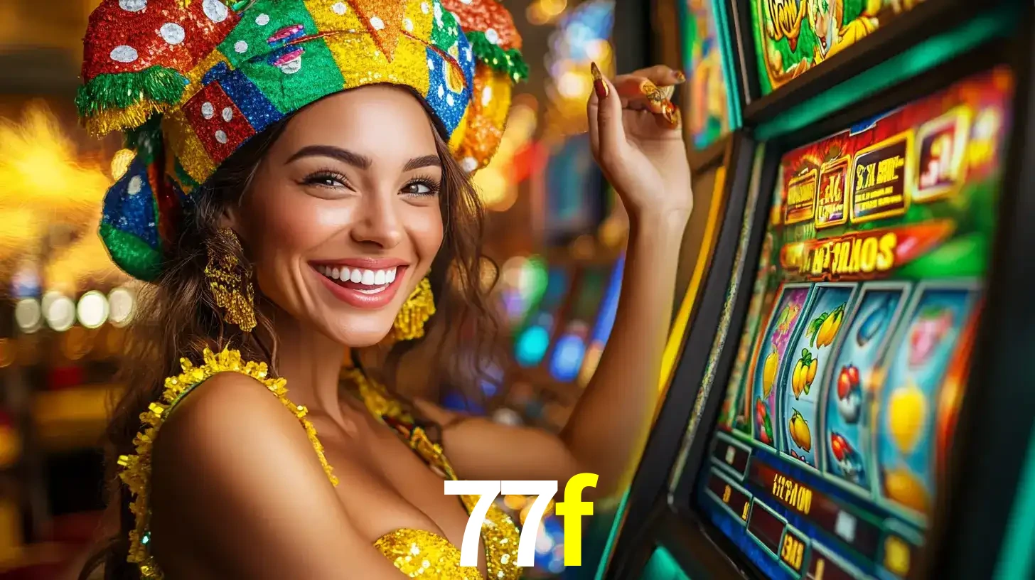 Mulher feliz com traje de carnaval amarelo e colorido ao lado de uma máquina de caça-níqueis, aproveitando a diversão e os jogos temáticos do cassino 77f.