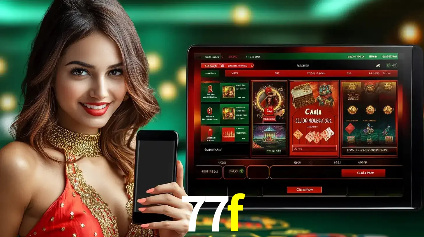 Mulher sorridente segurando um smartphone, ao lado de uma tela exibindo o lobby de jogos do cassino online 77f, com várias opções de jogos de cartas e slots.